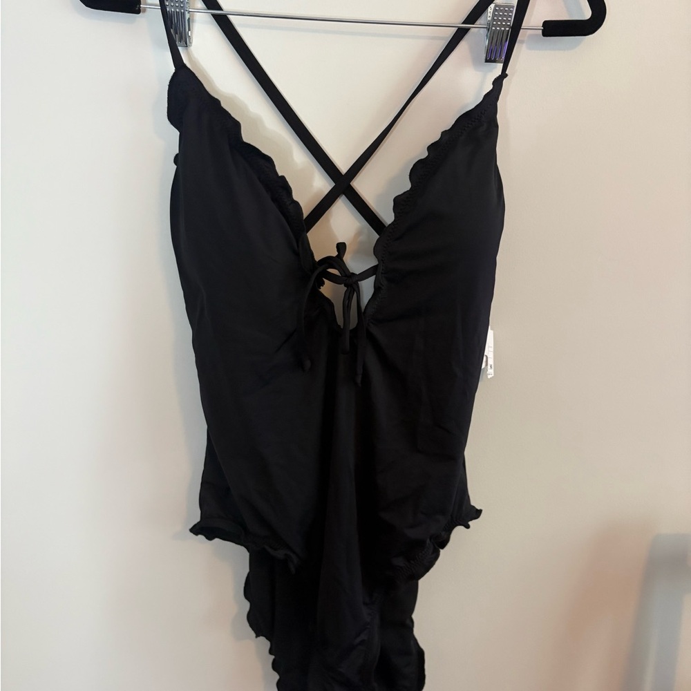 Black Lace Trim One-Piece Swimsuit